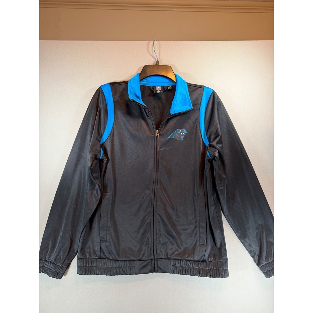 NFL Team Apparel Carolina Panthers Womens Track Jacket Black Blue Rhinestone L